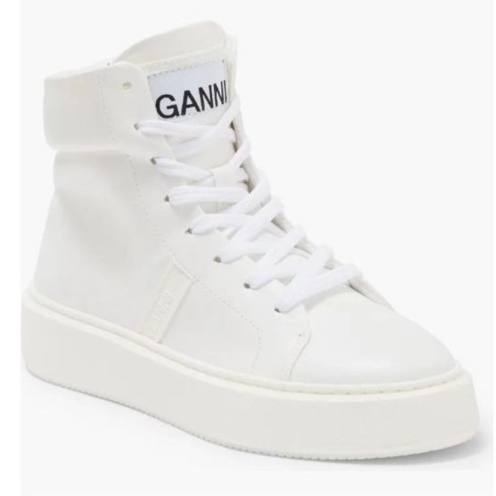GANNI White Leather Egret Lace Up High Top Sneakers Size 37